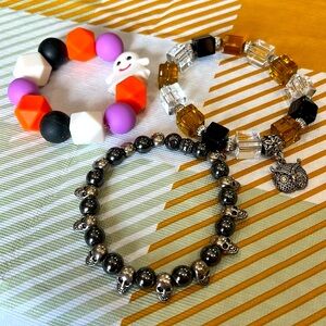 Halloween Bracelets Set of 3 All Stretch Style Skull, Owl, and Ghost